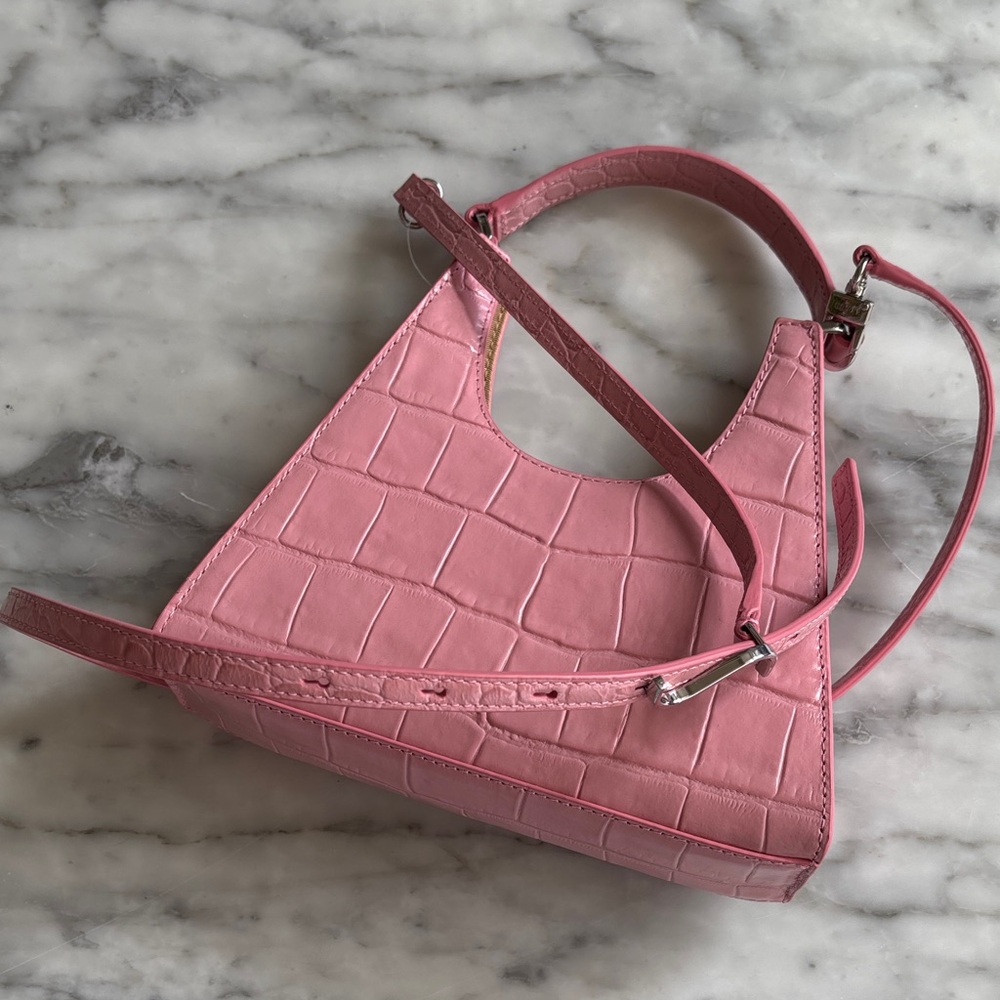STAUD mini Rey geranium Pink Croc-Embossed Bag crossbody strap magnet silver